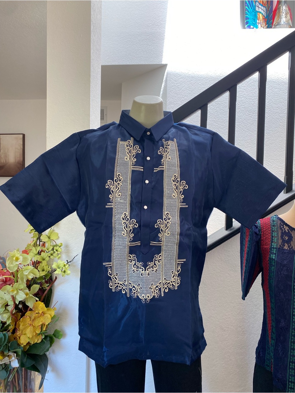 Men's Navy Blue Embroidered Barong Tagalog Short Sleeves